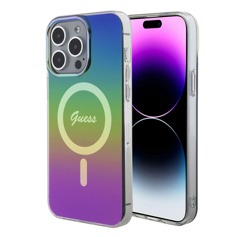 Apple iPhone 15 Pro Max Kılıf Guess Magsafe Şarj Özellikli Yazı Logolu Iridescent Kapak Siyah
