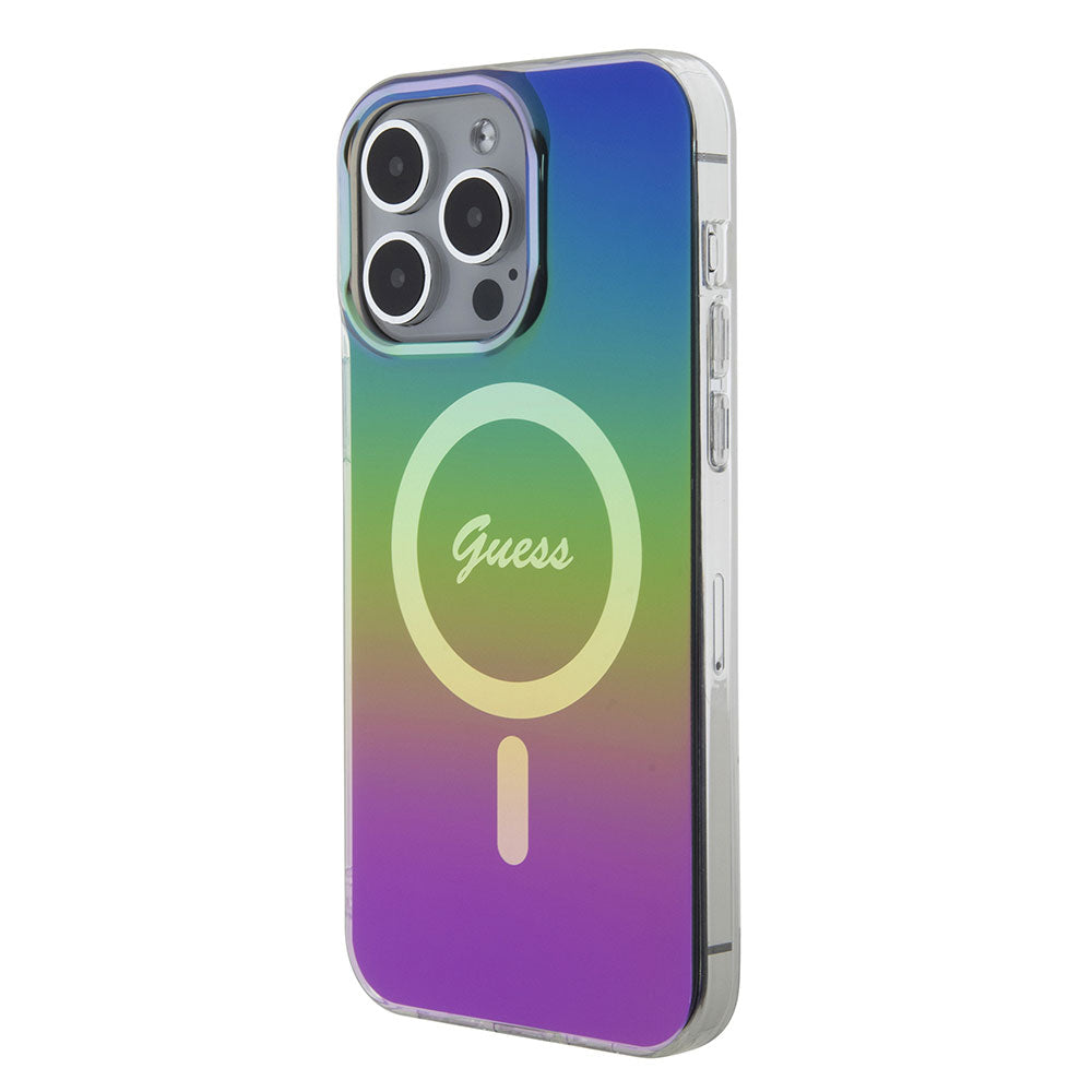 Apple iPhone 15 Pro Kılıf Guess Magsafe Şarj Özellikli Yazı Logolu Iridescent Kapak Siyah