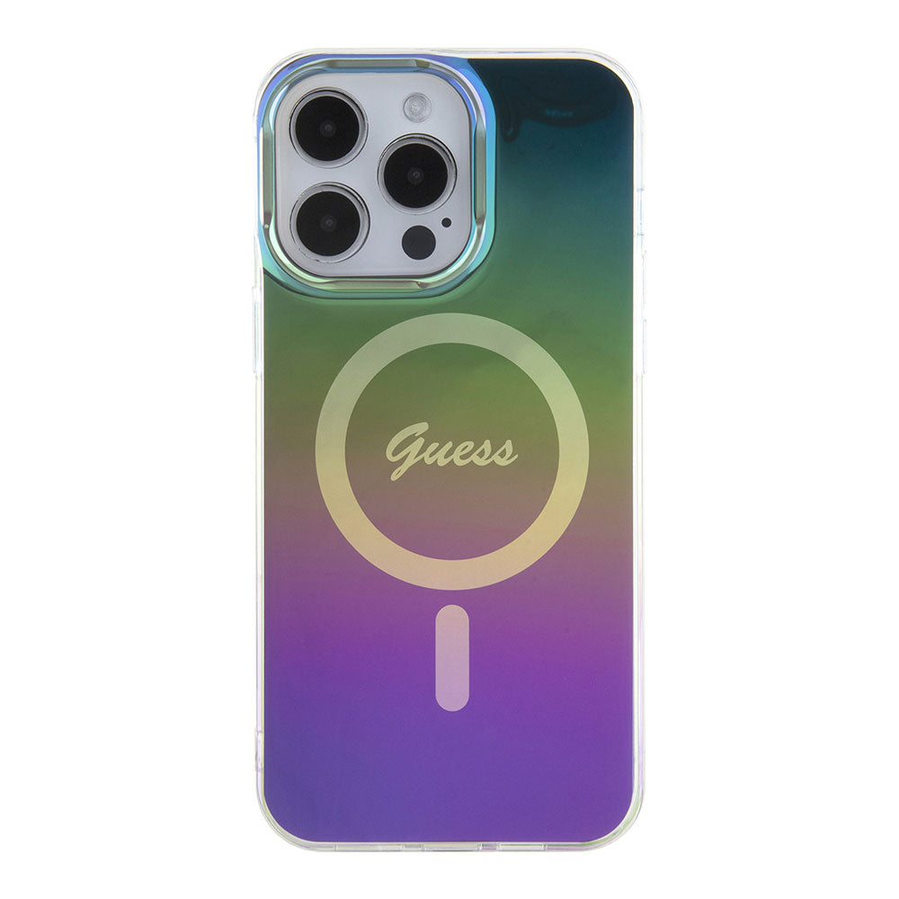 Apple iPhone 15 Pro Kılıf Guess Magsafe Şarj Özellikli Yazı Logolu Iridescent Kapak Siyah