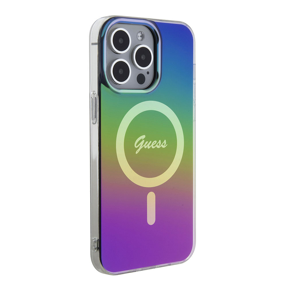 Apple iPhone 15 Pro Kılıf Guess Magsafe Şarj Özellikli Yazı Logolu Iridescent Kapak Siyah