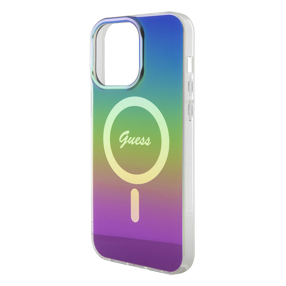 Apple iPhone 15 Pro Kılıf Guess Magsafe Şarj Özellikli Yazı Logolu Iridescent Kapak Siyah