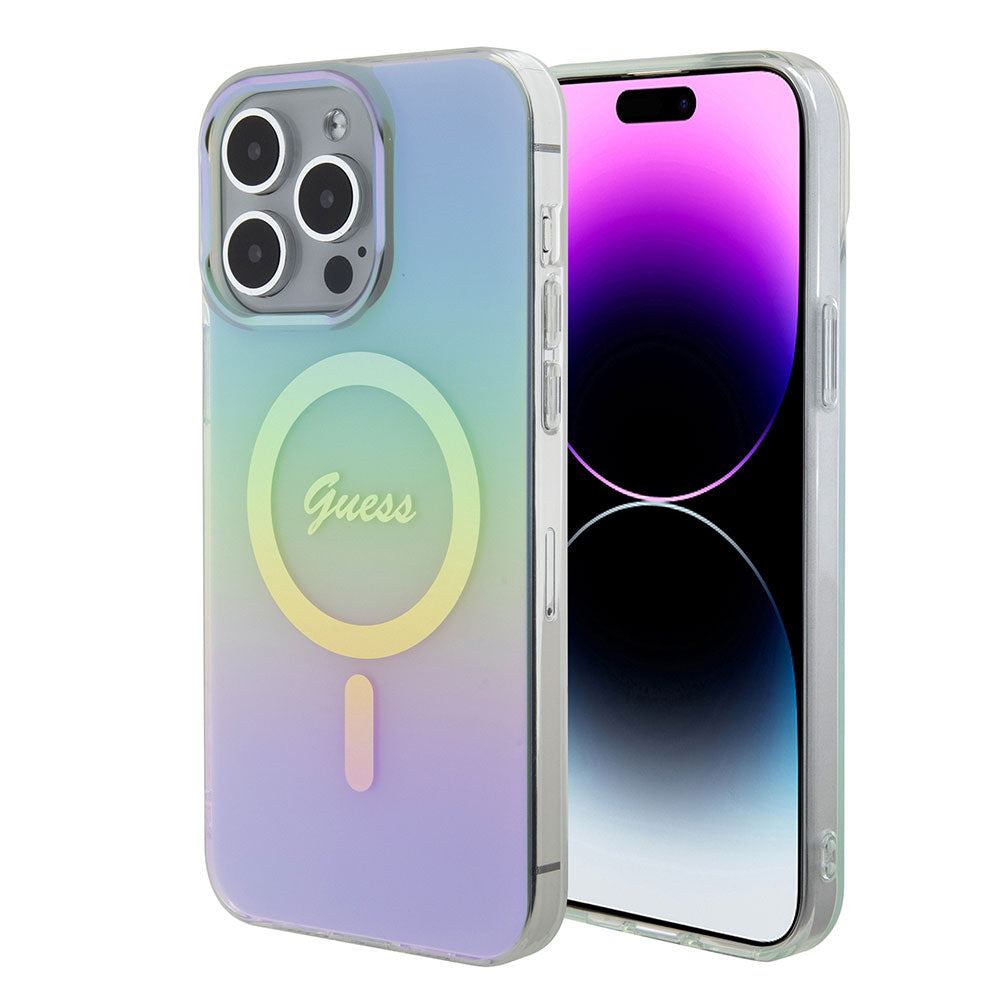 Apple iPhone 15 Pro Kılıf Guess Magsafe Şarj Özellikli Yazı Logolu Iridescent Kapak Turkuaz