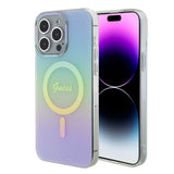 Apple iPhone 15 Pro Kılıf Guess Magsafe Şarj Özellikli Yazı Logolu Iridescent Kapak Turkuaz