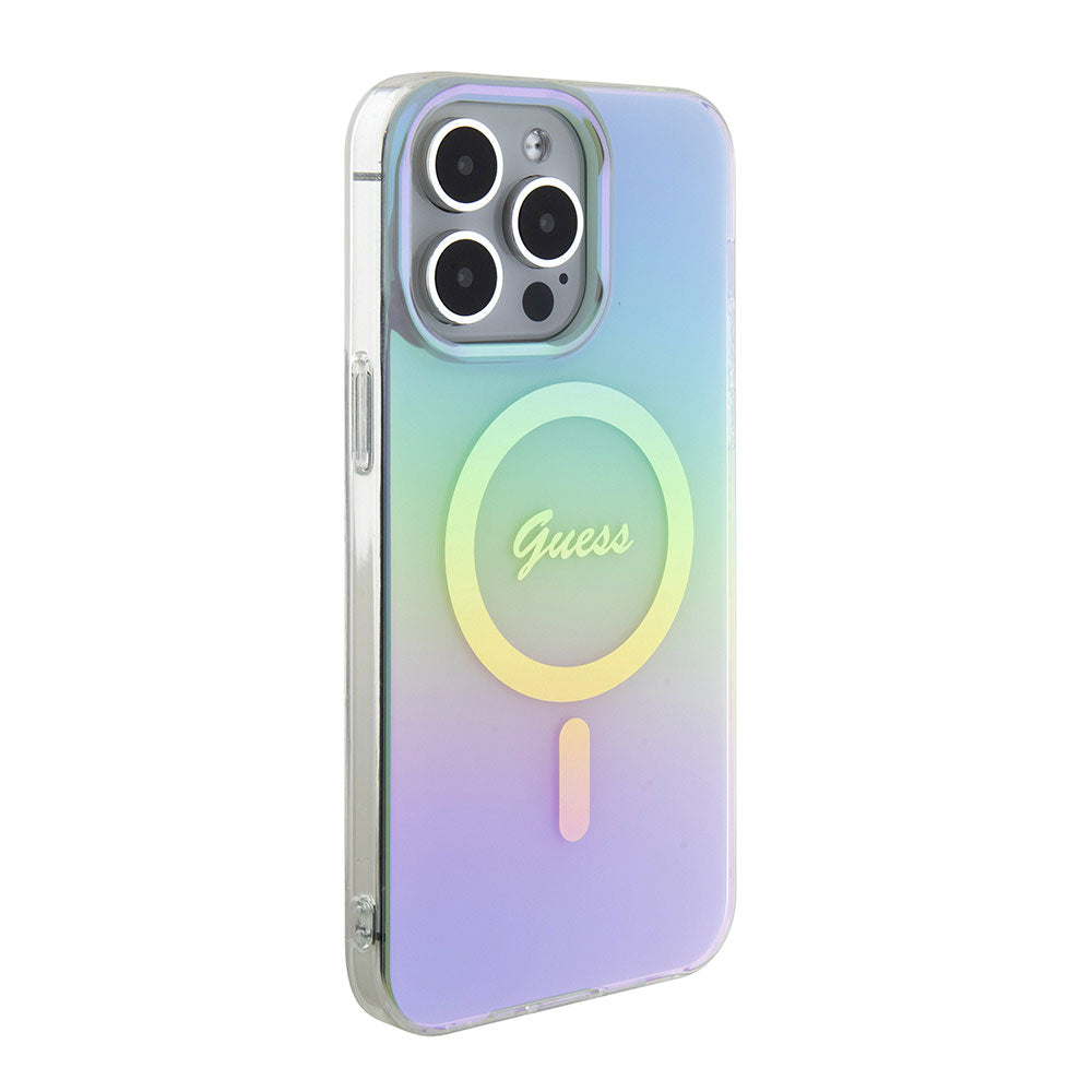 Apple iPhone 15 Pro Kılıf Guess Magsafe Şarj Özellikli Yazı Logolu Iridescent Kapak Turkuaz