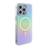 Apple iPhone 15 Pro Kılıf Guess Magsafe Şarj Özellikli Yazı Logolu Iridescent Kapak Turkuaz