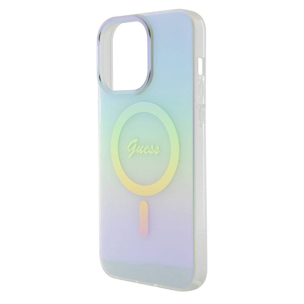 Apple iPhone 15 Pro Kılıf Guess Magsafe Şarj Özellikli Yazı Logolu Iridescent Kapak Turkuaz