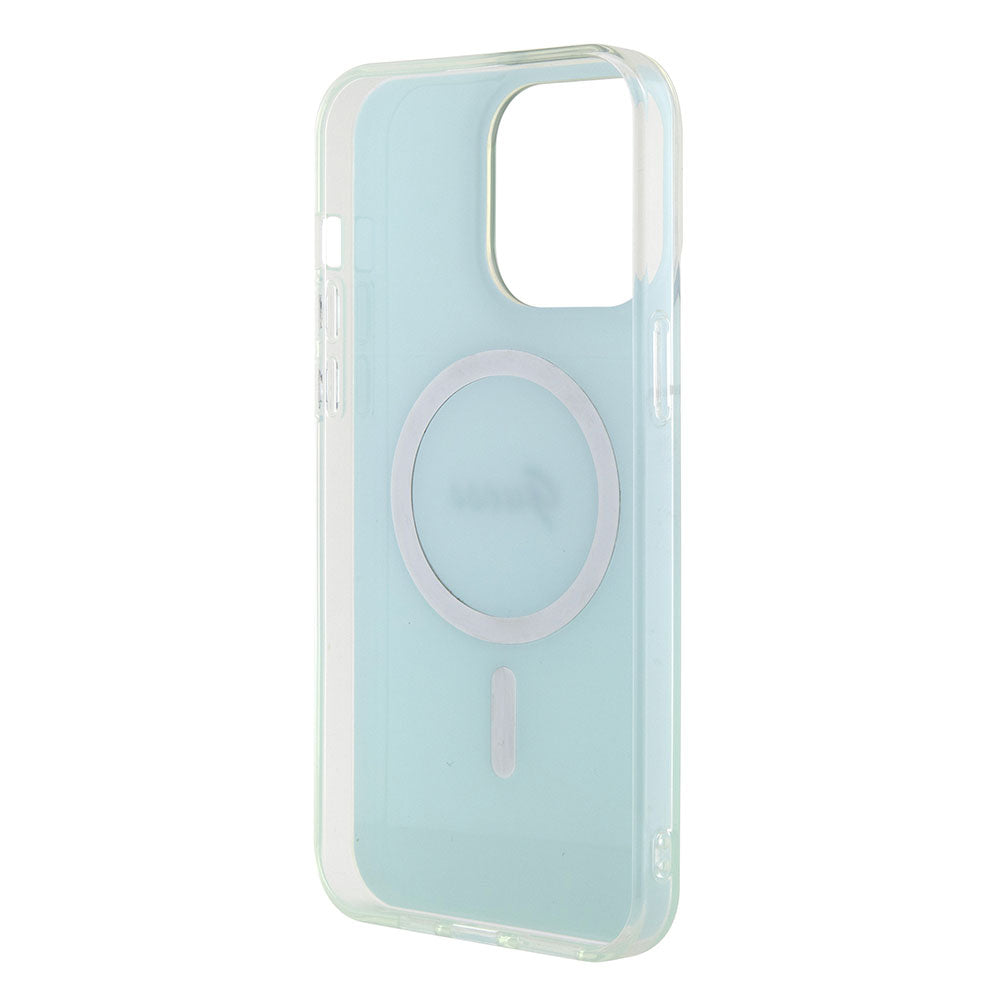 Apple iPhone 15 Pro Kılıf Guess Magsafe Şarj Özellikli Yazı Logolu Iridescent Kapak Turkuaz