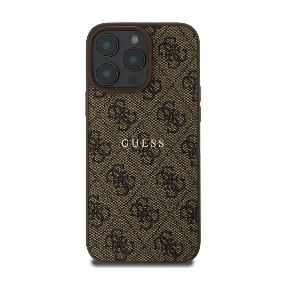 Apple iPhone 15 Pro Max Kılıf Guess Magsafe Uyumlu 4G Desen Yazı Logolu Kapak Kahverengi