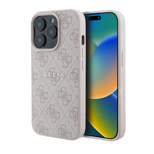 Apple iPhone 15 Pro Kılıf Guess Magsafe Uyumlu 4G Desen Yazı Logolu Kapak Pembe