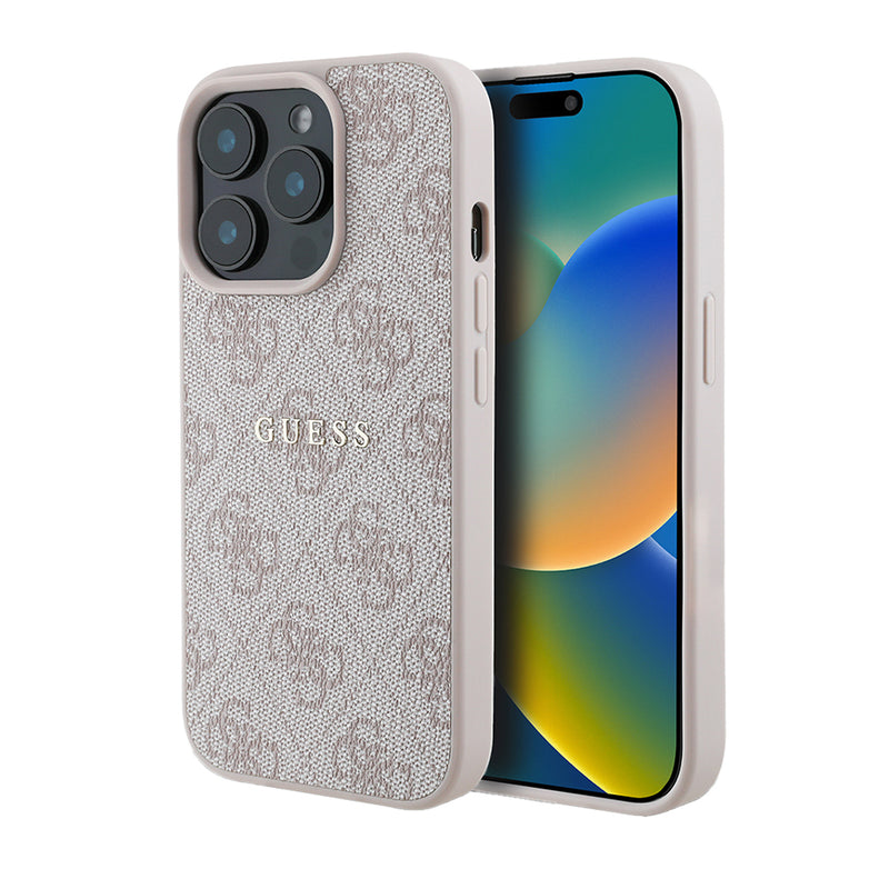 Apple iPhone 15 Pro Kılıf Guess Magsafe Uyumlu 4G Desen Yazı Logolu Kapak Pembe