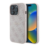 Apple iPhone 15 Pro Kılıf Guess Magsafe Uyumlu 4G Desen Yazı Logolu Kapak Pembe