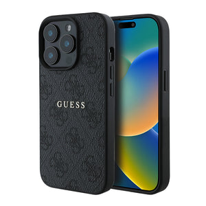 Apple iPhone 15 Pro Kılıf Guess Magsafe Uyumlu 4G Desen Yazı Logolu Kapak Siyah