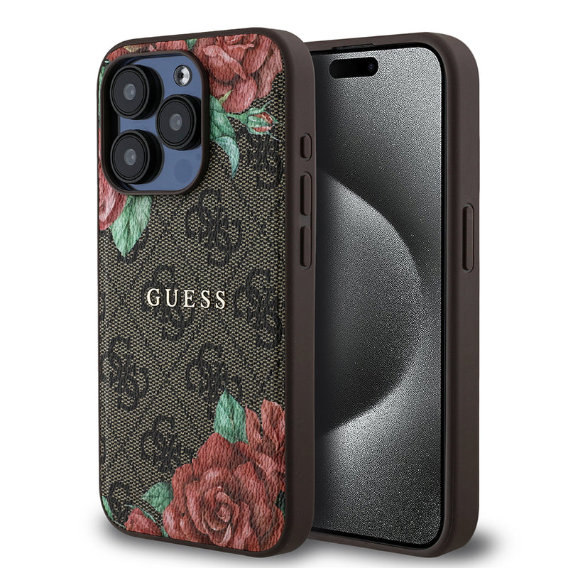 Apple iPhone 15 Pro Kılıf Guess Magsafe Uyumlu Gül Baskılı ve 4G Desenli Kapak Kahverengi