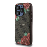 Apple iPhone 15 Pro Kılıf Guess Magsafe Uyumlu Gül Baskılı ve 4G Desenli Kapak Kahverengi