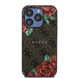 Apple iPhone 15 Pro Kılıf Guess Magsafe Uyumlu Gül Baskılı ve 4G Desenli Kapak Kahverengi