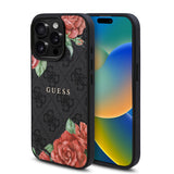Apple iPhone 15 Pro Kılıf Guess Magsafe Uyumlu Gül Baskılı ve 4G Desenli Kapak Siyah
