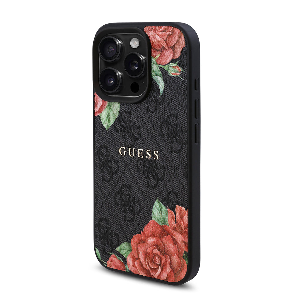 Apple iPhone 15 Pro Kılıf Guess Magsafe Uyumlu Gül Baskılı ve 4G Desenli Kapak Siyah