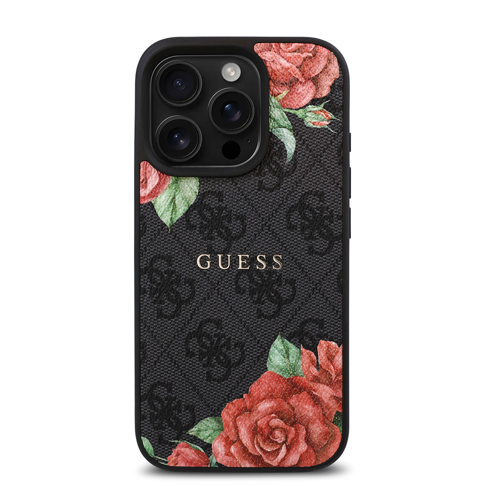 Apple iPhone 15 Pro Kılıf Guess Magsafe Uyumlu Gül Baskılı ve 4G Desenli Kapak Siyah