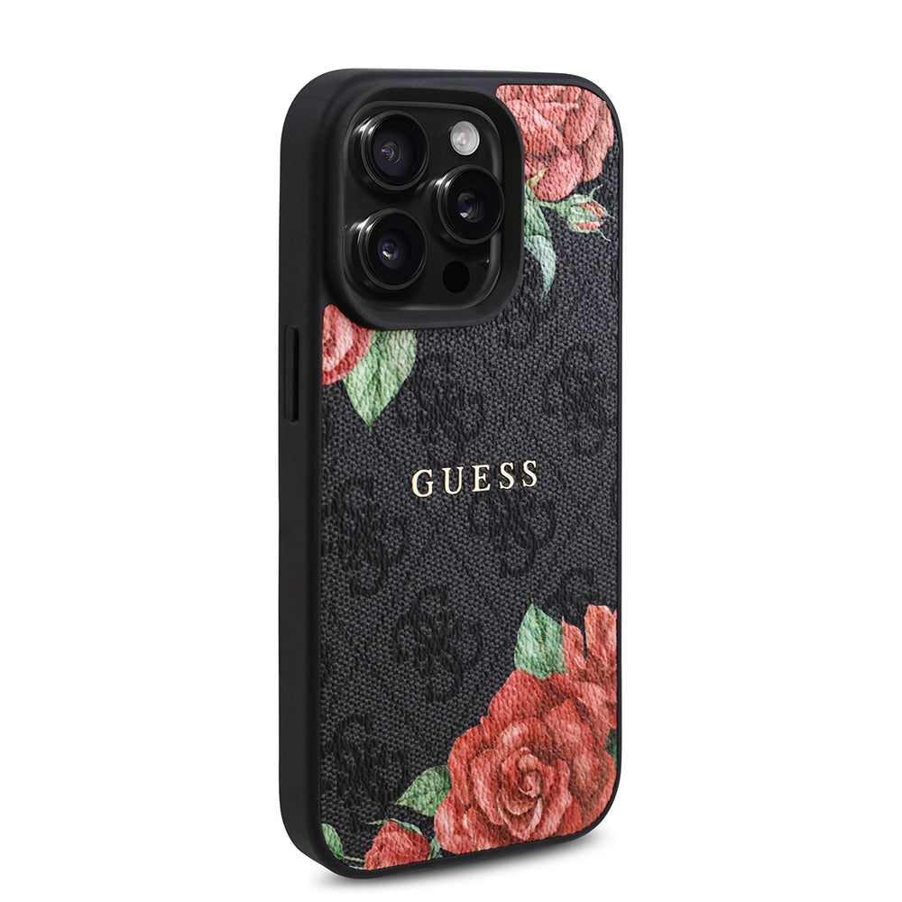 Apple iPhone 15 Pro Kılıf Guess Magsafe Uyumlu Gül Baskılı ve 4G Desenli Kapak Siyah