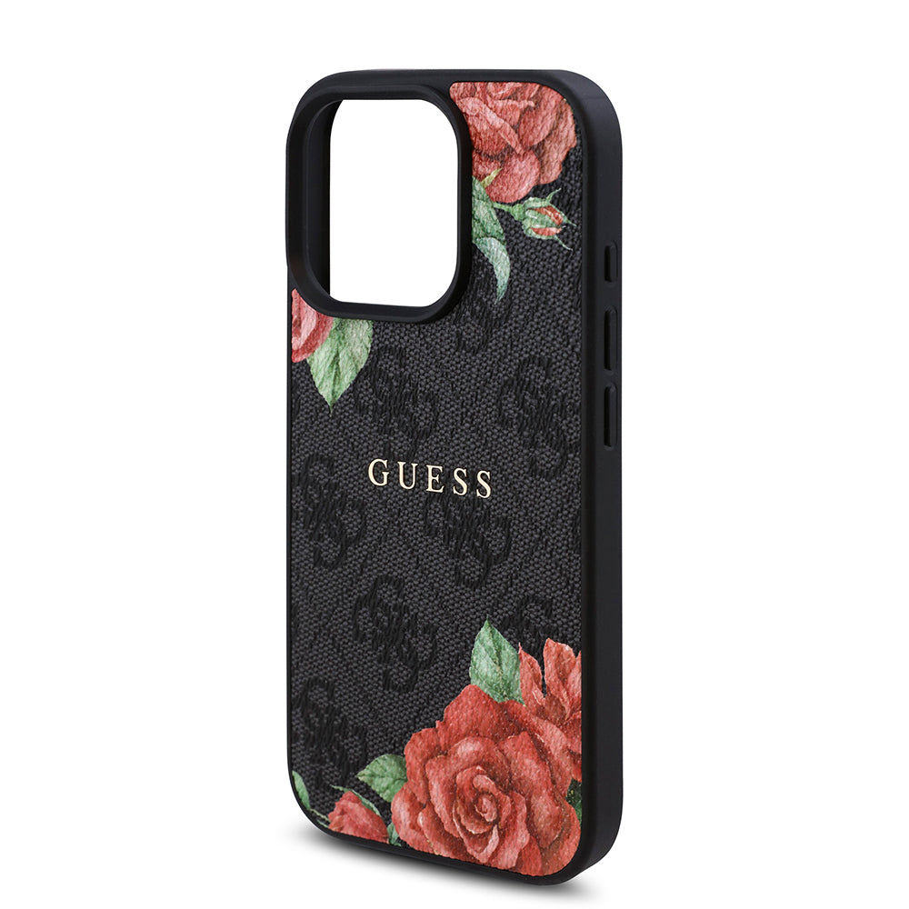 Apple iPhone 15 Pro Kılıf Guess Magsafe Uyumlu Gül Baskılı ve 4G Desenli Kapak Siyah
