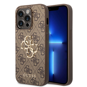 Apple iPhone 15 Pro Max Kılıf Guess PU Deri 4G Metal Logolu Desenli Kapak Kahverengi