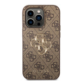 Apple iPhone 15 Pro Max Kılıf Guess PU Deri 4G Metal Logolu Desenli Kapak Kahverengi