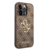 Apple iPhone 15 Pro Max Kılıf Guess PU Deri 4G Metal Logolu Desenli Kapak Kahverengi