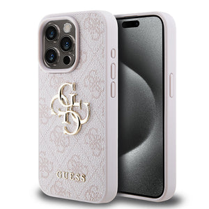 Apple iPhone 15 Pro Kılıf Guess PU Deri 4G Metal Logolu Desenli Kapak Pembe