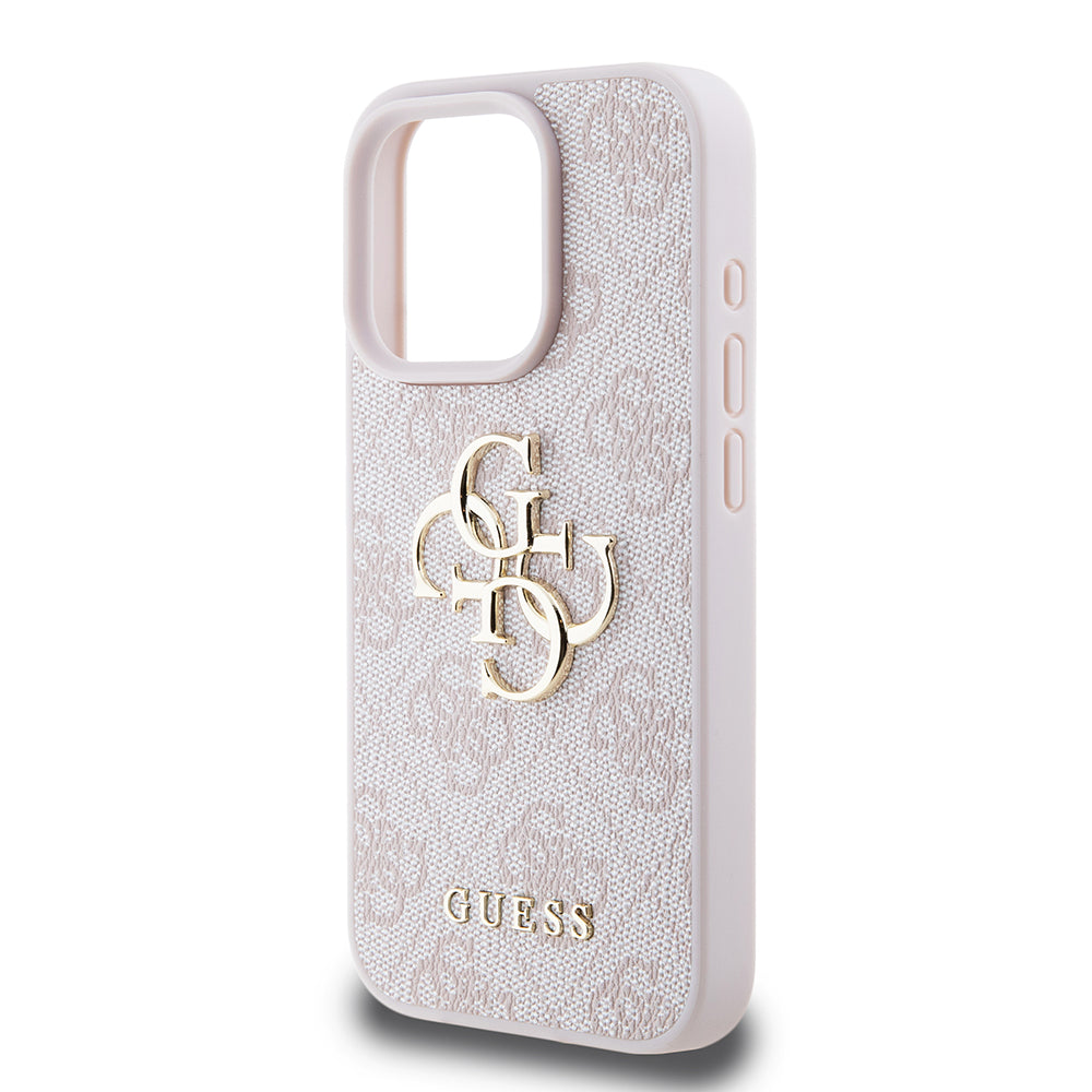 Apple iPhone 15 Pro Max Kılıf Guess PU Deri 4G Metal Logolu Desenli Kapak Pembe