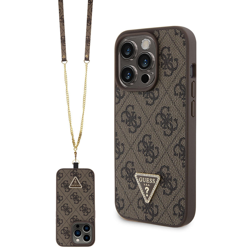 Apple iPhone 15 Pro Max Kılıf Guess PU Deri Askılı Strass Crossbody Kapak Kahverengi