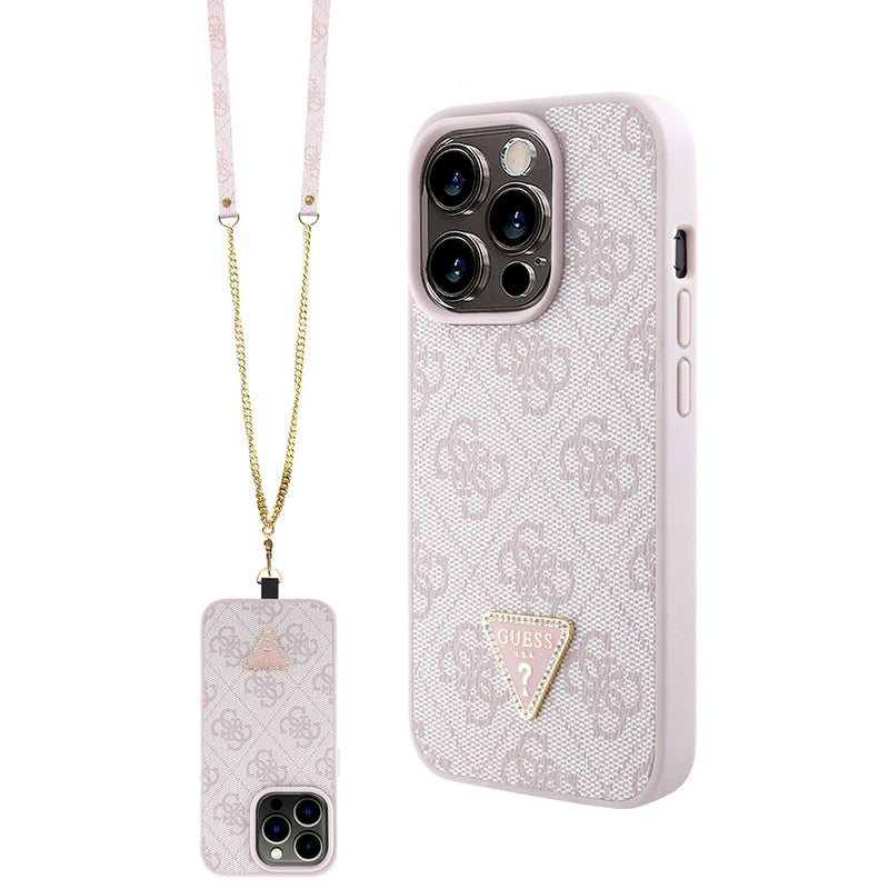 Apple iPhone 15 Pro Kılıf Guess PU Deri Askılı Strass Crossbody Kapak Pembe