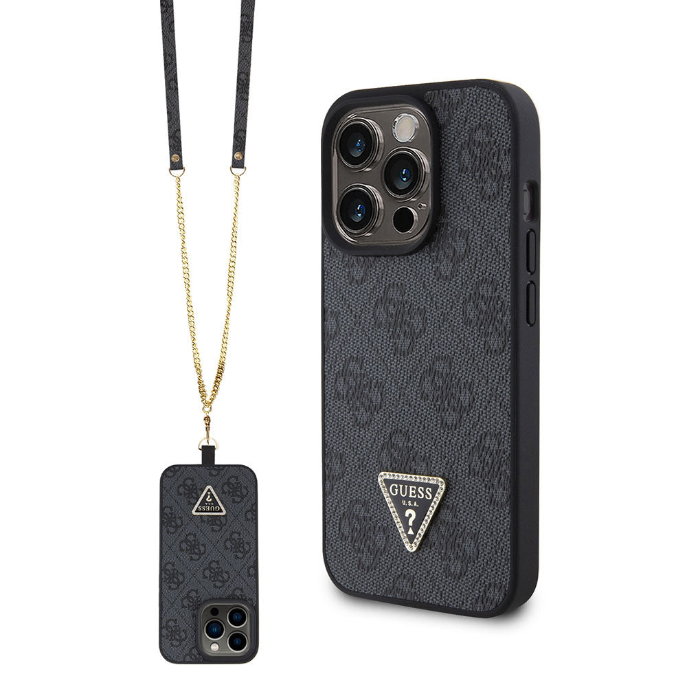 Apple iPhone 15 Pro Kılıf Guess PU Deri Askılı Strass Crossbody Kapak Siyah