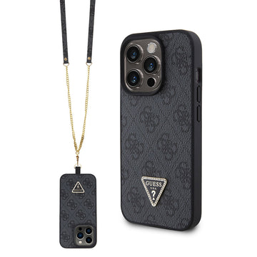 Apple iPhone 15 Pro Kılıf Guess PU Deri Askılı Strass Crossbody Kapak Siyah