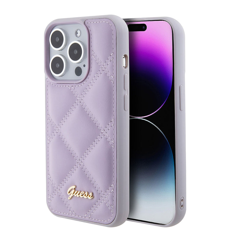 Apple iPhone 15 Pro Max Kılıf Guess PU Deri Metal Yazı Logolu Kapitone Kapak Mor
