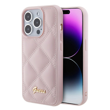 Apple iPhone 15 Pro Max Kılıf Guess PU Deri Metal Yazı Logolu Kapitone Kapak Pembe