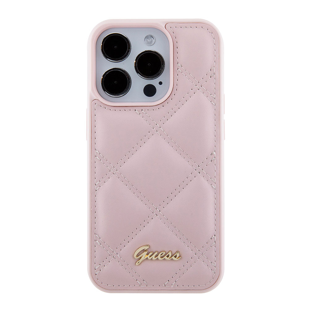 Apple iPhone 15 Pro Max Kılıf Guess PU Deri Metal Yazı Logolu Kapitone Kapak Pembe