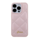 Apple iPhone 15 Pro Kılıf Guess PU Deri Metal Yazı Logolu Kapitone Kapak Pembe