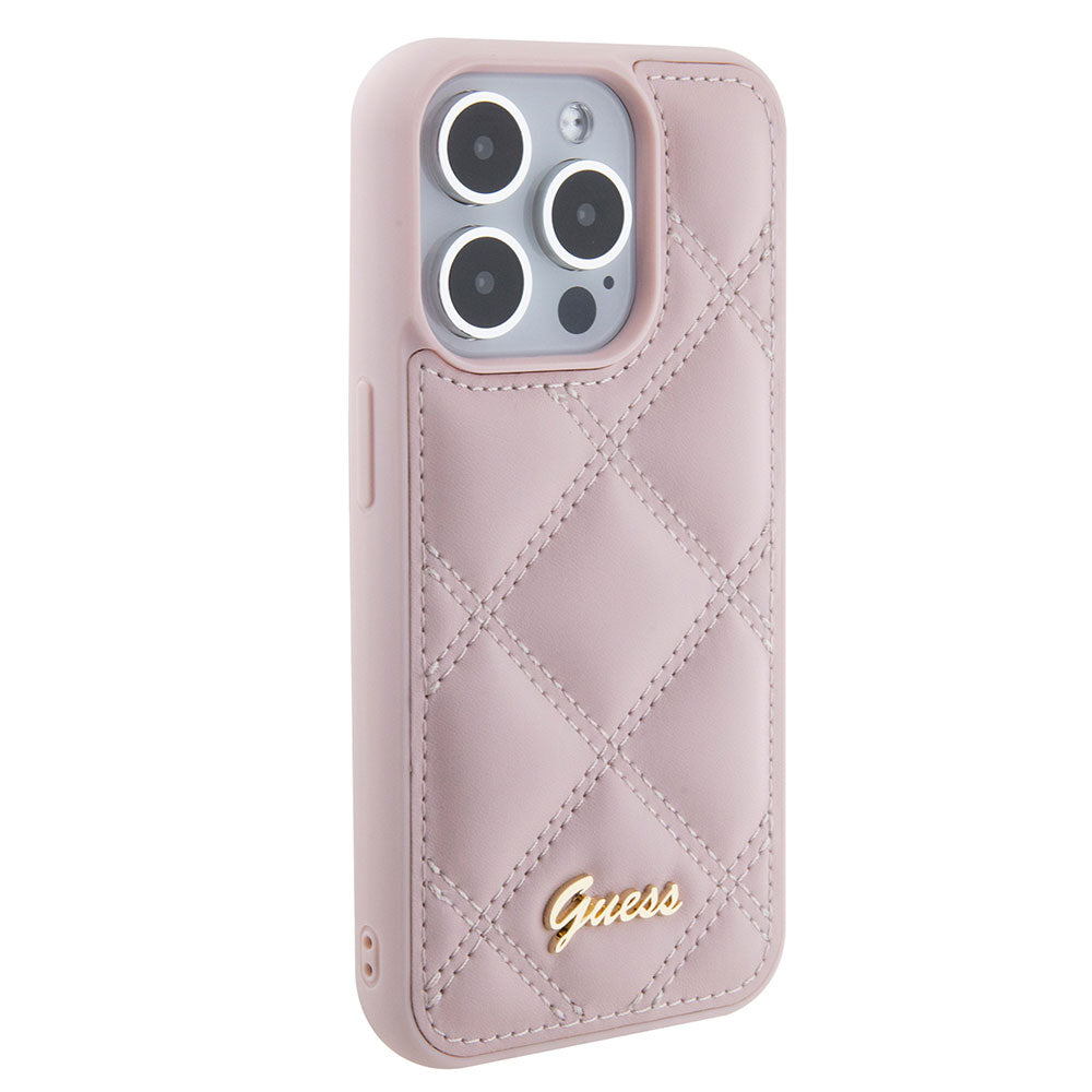 Apple iPhone 15 Pro Max Kılıf Guess PU Deri Metal Yazı Logolu Kapitone Kapak Pembe