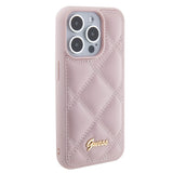 Apple iPhone 15 Pro Kılıf Guess PU Deri Metal Yazı Logolu Kapitone Kapak Pembe