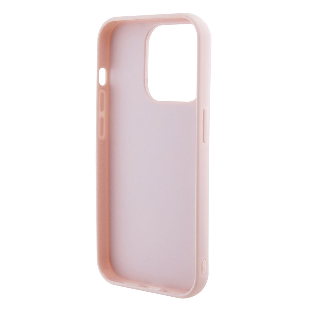 Apple iPhone 15 Pro Max Kılıf Guess PU Deri Metal Yazı Logolu Kapitone Kapak Pembe