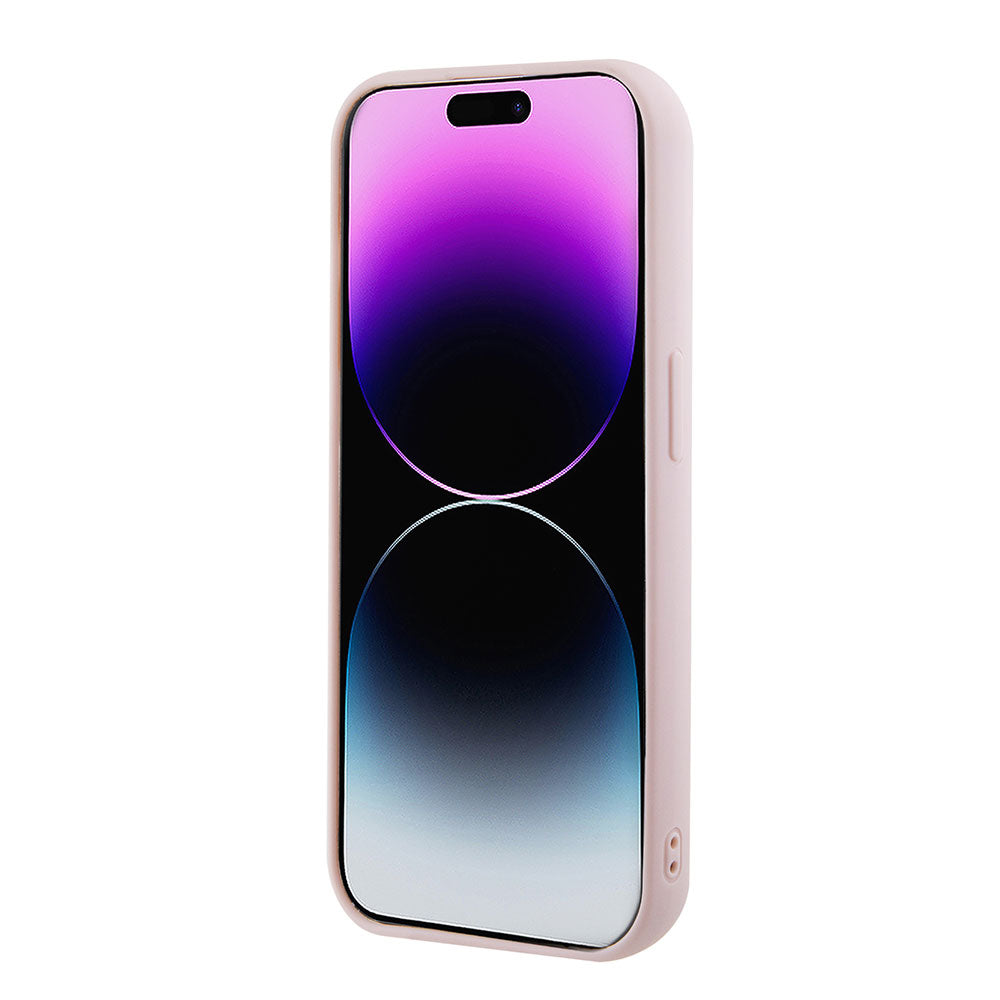 Apple iPhone 15 Pro Max Kılıf Guess PU Deri Metal Yazı Logolu Kapitone Kapak Pembe