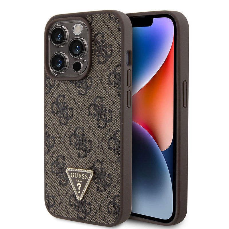 Apple iPhone 15 Pro Max Kılıf Guess PU Deri Taşlı Üçgen Logolu 4G Desenli Strass Kapak Kahverengi