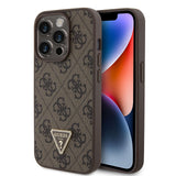 Apple iPhone 15 Pro Kılıf Guess PU Deri Taşlı Üçgen Logolu 4G Desenli Strass Kapak Kahverengi