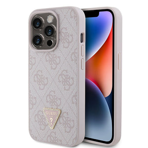 Apple iPhone 15 Pro Kılıf Guess PU Deri Taşlı Üçgen Logolu 4G Desenli Strass Kapak Pembe