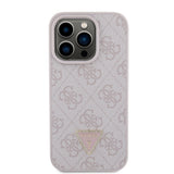 Apple iPhone 15 Pro Kılıf Guess PU Deri Taşlı Üçgen Logolu 4G Desenli Strass Kapak Pembe