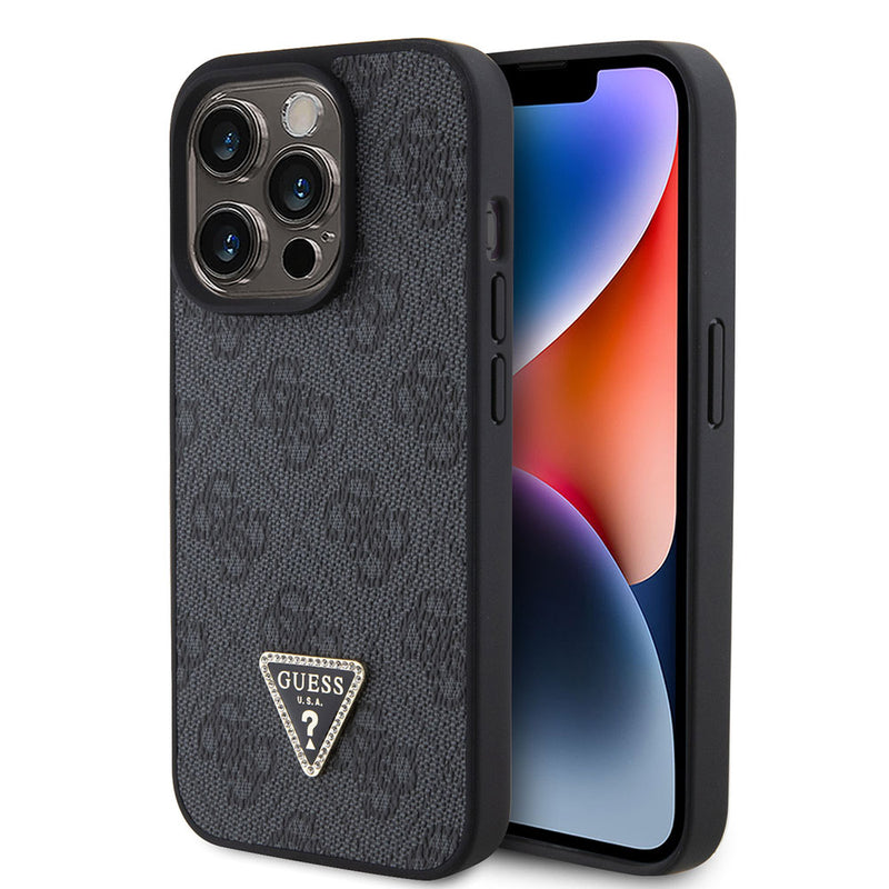 Apple iPhone 15 Pro Kılıf Guess PU Deri Taşlı Üçgen Logolu 4G Desenli Strass Kapak Siyah