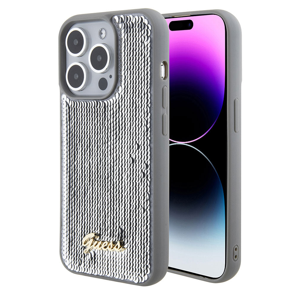 Apple iPhone 15 Pro Max Kılıf Guess Pullu Metal Yazı Logolu Sequin Script Kapak Gümüş