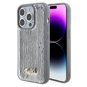Apple iPhone 15 Pro Kılıf Guess Pullu Metal Yazı Logolu Sequin Script Kapak Gümüş