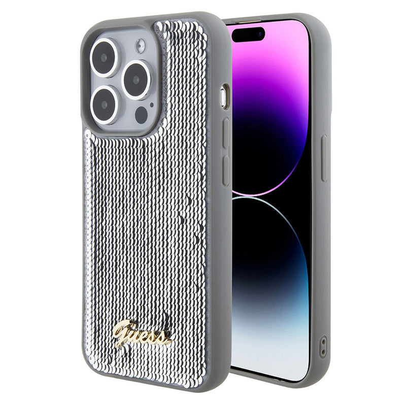 Apple iPhone 15 Pro Kılıf Guess Pullu Metal Yazı Logolu Sequin Script Kapak Gümüş