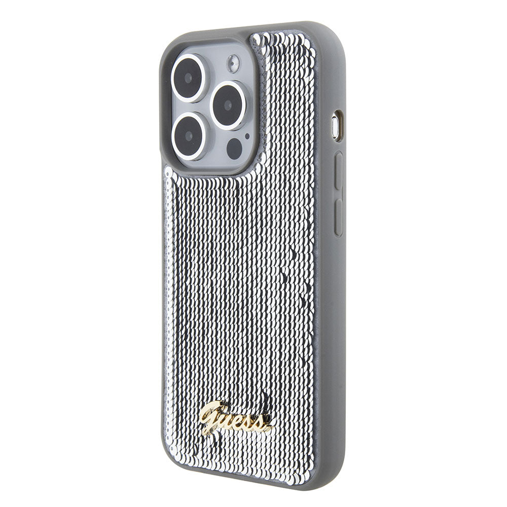 Apple iPhone 15 Pro Max Kılıf Guess Pullu Metal Yazı Logolu Sequin Script Kapak Gümüş